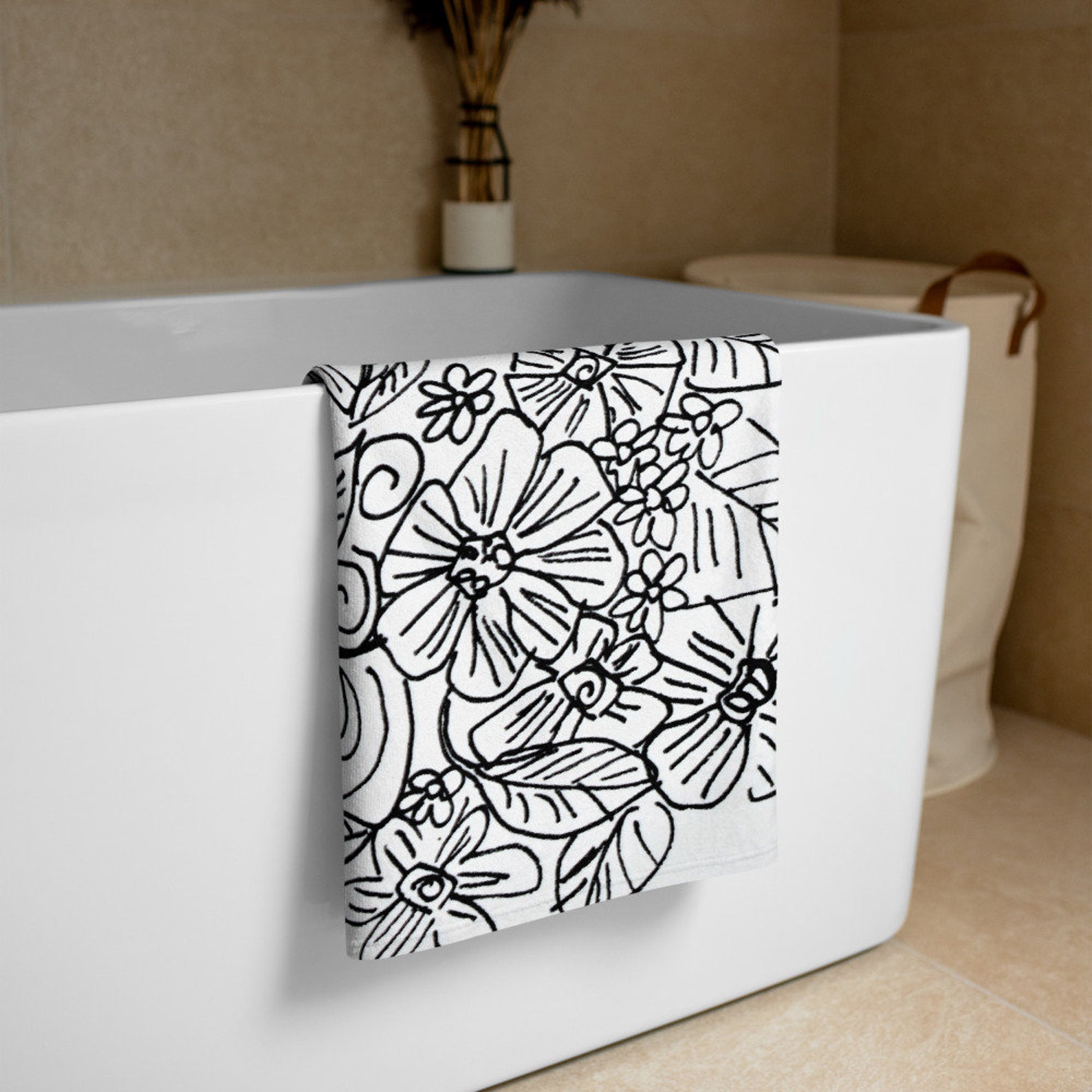Black & White Floral Bathroom Towel Bathroom Decor Etsy New Zealand