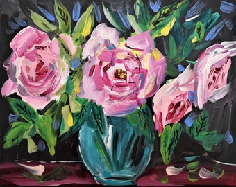 Vintage Inspired Pink Rose Painting on Canvas 11x14-Flowers In Vase