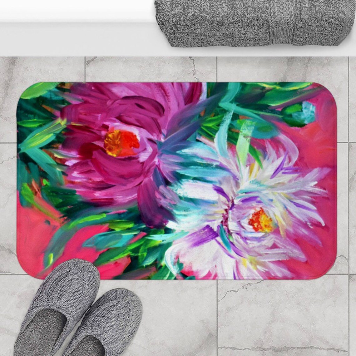 Peony Aesthetic Bath Mat-bathroom Rug-peony Art Rug-beautiful - Etsy