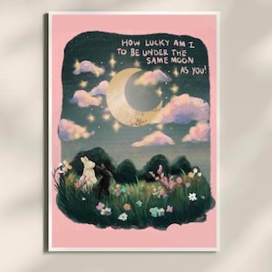 Under The Moon 11x14 Romantic Bunny Art Print | Magical Bunny Lover Gift | Nostalgic Bunny Moon Art