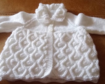 Hand Knitted Baby Matinee Jacket/Cardigan - Choice of Round Neck/V Neck or Collar -Made to Order. Size ranges between 0 to 6 months.