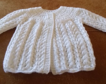 Hand Knitted Matinee Jacket: Cable Knit Pattern. (Bonnet available to match, details on request)