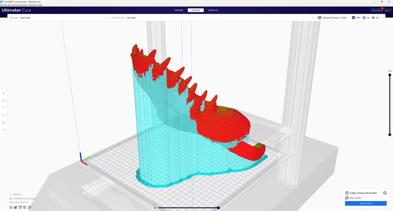 May include: A 3D model of a shoe in the process of being printed. The shoe is red and the support structure is light blue. The software interface is visible in the background.