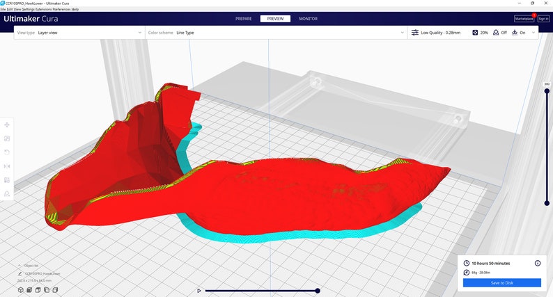 May include: A 3D model of a red object with yellow and blue lines, displayed on a computer screen. The model is being prepared for 3D printing.