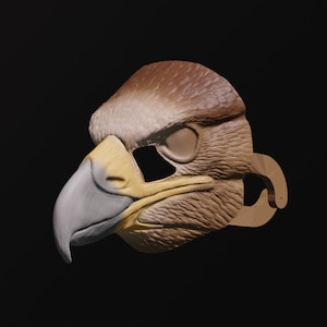 May include: A brown and grey eagle mask with a beak and eye holes. The mask has a textured surface and is made of a lightweight material.