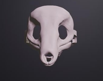 May include: A light pink, 3D-printed mask resembling a stylized animal skull. The mask features large eye sockets, a long snout, and a small opening for the mouth. The mask is set against a dark gray background.