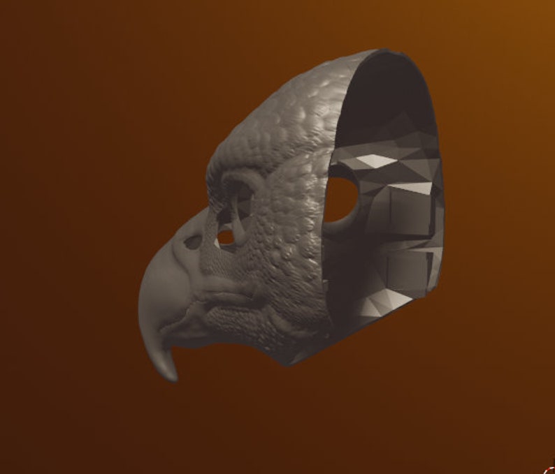 May include: A gray 3D printed mask of a bird's head, with a detailed textured surface and a hollow interior. The mask is designed to be worn over the face.