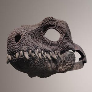 May include: A detailed, textured dinosaur mask in shades of gray and brown. The mask features a realistic design with visible teeth and eye openings, suggesting a costume or prop for themed events.