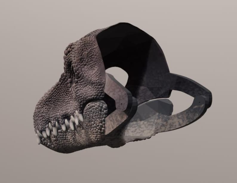 May include: A detailed, textured rendering of a dinosaur skull, featuring a prominent jawline with sharp, white teeth. The skull has a rough, gray surface and a dark, shadowed area at the top, set against a neutral background. The design is reminiscent of prehistoric creatures.