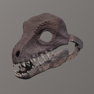 May include: A detailed, textured dinosaur skull mask in shades of brown and gray. The mask features a large eye opening, sharp teeth, and a textured surface, suggesting a realistic design. The mask is designed to be worn.