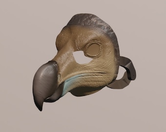Könnte beinhalten: Eine detaillierte Maske in Form eines Dodo-Vogels. Die Maske hat ein strukturiertes, hellbraunes Gesicht mit einem großen, gebogenen Schnabel und einem dunkelbraunen Oberteil. Die Augenhöhlen sind offen, und die Maske hat schwarze Riemen.