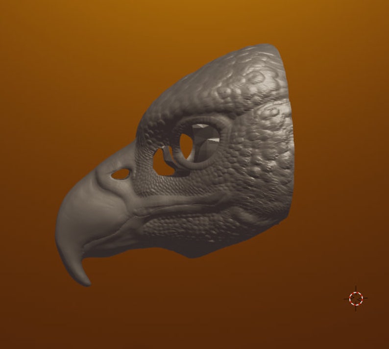 May include: A gray, detailed, 3D printed bird mask with a beak and eye holes. The mask is designed to be worn over the face.