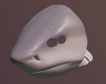 Könnte beinhalten: Eine weiße, strukturierte, 3D-gedruckte Maske mit zwei Augenlöchern und einem Mundloch. Die Maske ist schnauzenförmig und hat eine leicht gebogene Form.