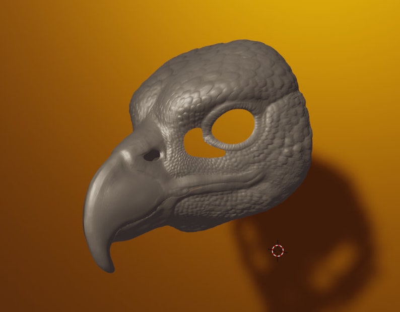 May include: A gray, detailed, 3D printed model of a bird's head, possibly a vulture or eagle, with a textured surface and a large beak.