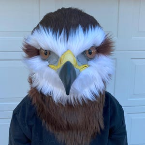 May include: A brown and white eagle costume mask with a yellow beak and black eyes. The mask has a mesh covering the eyes.