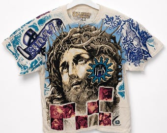 T-Shirt mit Jesus-Print in Flüssigblau, klassisches Jesus-Creme-T-Shirt (Neuauflage), christliches Grafik-T-Shirt, religiöse Streetwear im Y2K-Stil (AOP)