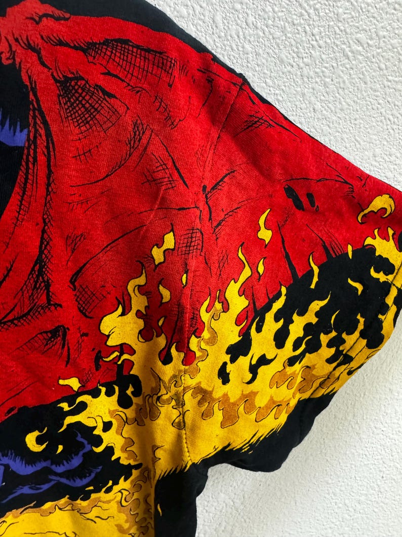 May include: Black t-shirt with a red, yellow, and blue graphic print of a skull engulfed in flames.