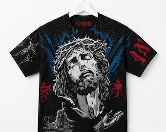 Flüssiges blaues Jesus-Auftritt-schwarzes T-Shirt, schwarzes christliches grafisches T-Stück, religiöses Hemd, Jesus-Krone der Dornen, Ostergeschenk-Hemd