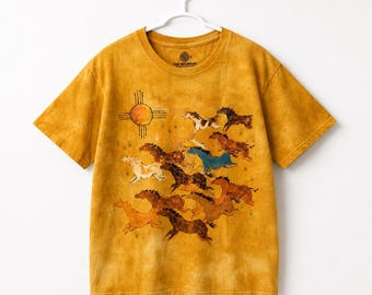 Pferde und Sonne klassisches Baumwoll-T-Shirt, Eingeborene Kunst Shirt, Zia-Symbol-T-Shirt, Stammesmuster-T-Stück, Tierkunst-Shirt, Neujahrsgeschenk-Shirt