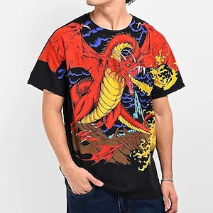 May include: Black t-shirt with a red, yellow, and blue dragon graphic. The dragon is breathing fire and has a fierce expression.