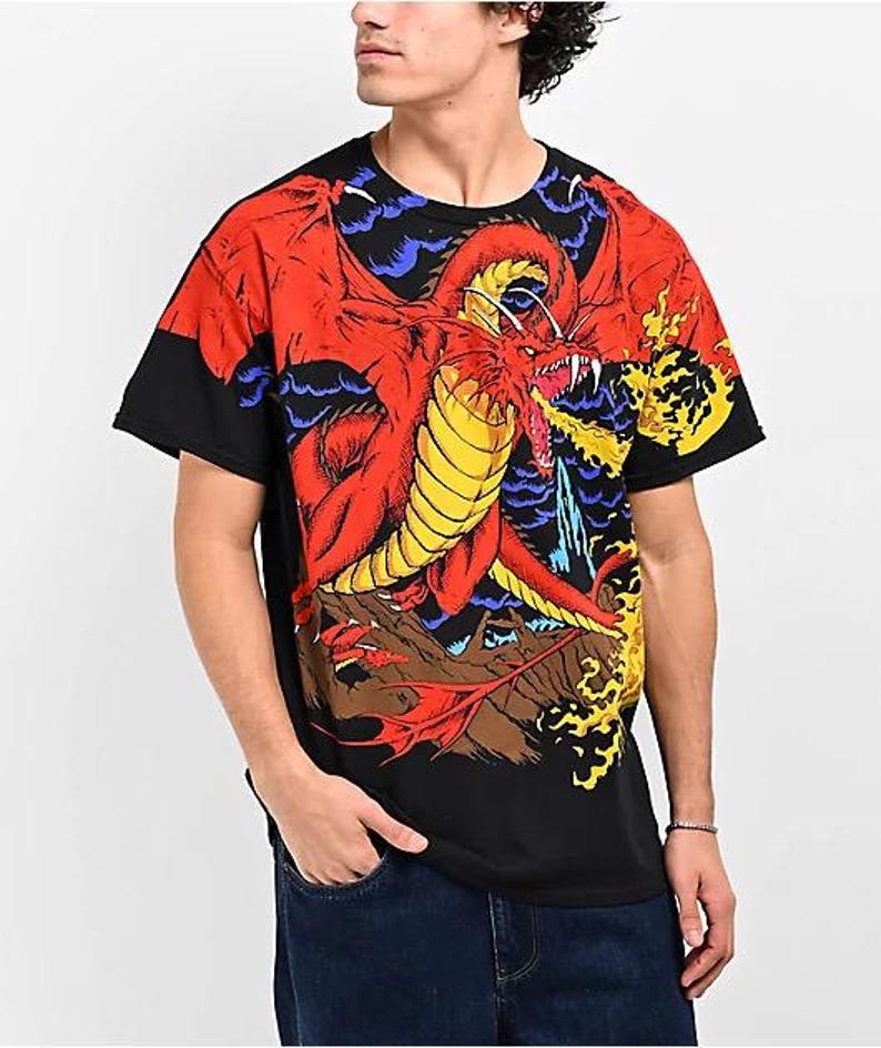 May include: Black t-shirt with a red, yellow, and blue dragon graphic. The dragon is breathing fire and has a fierce expression.