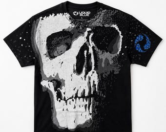 Flüssiges blaues Schädel- und Knochen-Hemd, großer Schädel-Halloween-T-Shirt, schwarzes gotisches Y2K-T-Stück, Vintage-Schädel-Rock-T-Stück, dunkle Fantasie ganz über Druckhemd