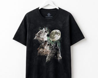 Drei Wolf Mond Baumwoll-T-Shirt, heulende Wölfe, Vollmond Wildtiere Unisex T-Shirt, Loyal Wolf Retro Shirt