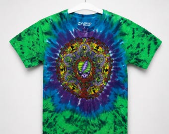 Grateful Dead Flüssigkeit Blau Keltisches Mandala Tie-Dye T-Shirt, Psychedelisches Tie Dye Festival Tee ， Grün Lila Batik Hippie Shirt