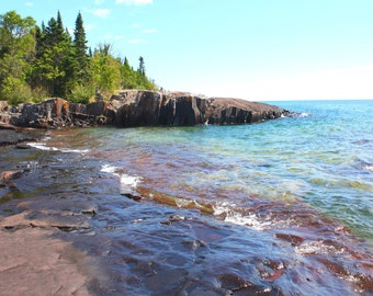 rocks and evergreens on Lake Superior in Grand Marais photo print - limited edition - art photography - nature photography - Minnesota