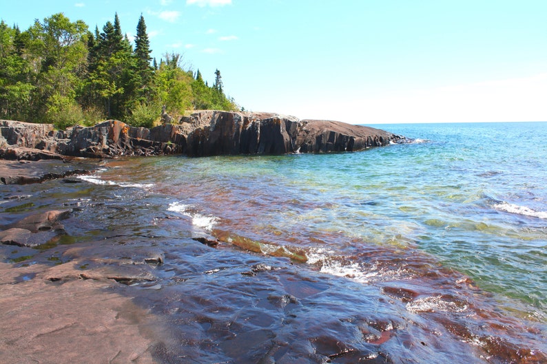 rocks and evergreens on Lake Superior in Grand Marais photo print limited edition art photography nature photography Minnesota image 1