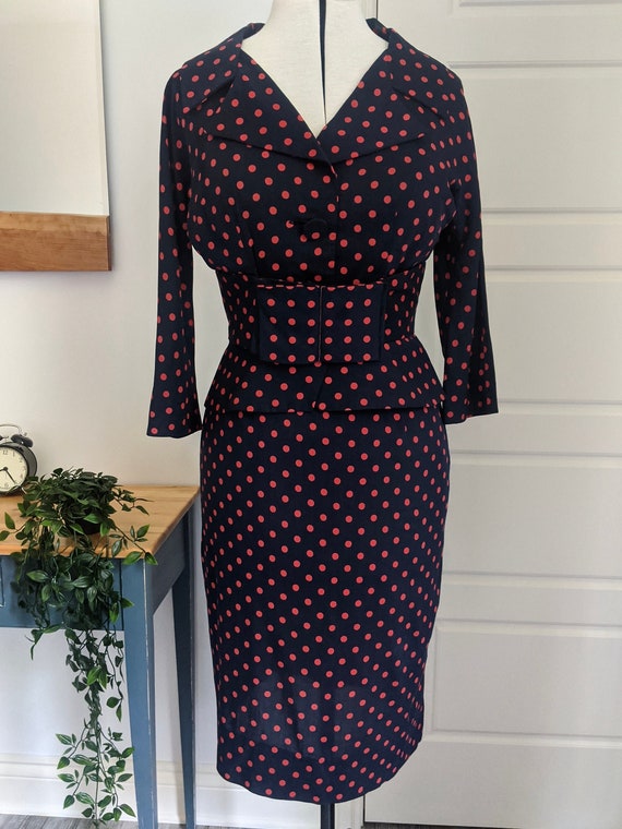 Vintage 1960s Navy Suit / Navy with Red Polka Dot… - image 1