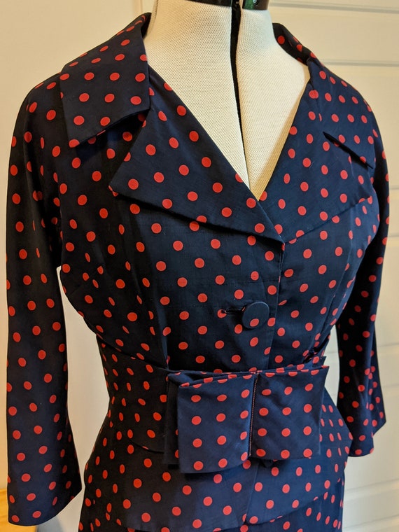 Vintage 1960s Navy Suit / Navy with Red Polka Dot… - image 3