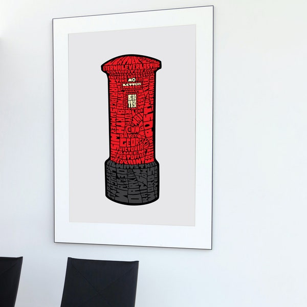 British Postbox illustration, UK postbox, red pillar box, handlettering, quirky font, British icon