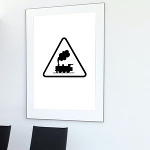 May include: Black and white warning sign with a triangle shape. The sign depicts a train with smoke coming from the chimney. The sign reads "Railroad Crossing".