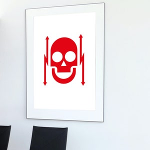 May include: A framed print with a red skull and crossbones graphic. The skull is smiling and has two lightning bolts on either side of it.