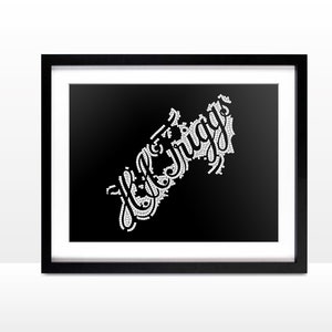 May include: Black and white typography art print featuring the word "Jiggy" in a stylized font. The word is made up of smaller words and phrases, creating a unique and interesting design.