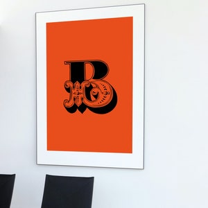 Alphabet posters, letter B, typographic poster, orange poster, 1970s lettering, bold letter, Victorian lettering, Victorian font, slab serif