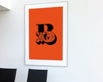 Alphabet posters, letter B, typographic poster, orange poster, 1970s lettering, bold letter, Victorian lettering, Victorian font, slab serif
