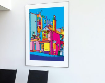 May include: A colorful illustration of a row of buildings with a blue sky background. The buildings are drawn in a cartoon style with bright colors and bold lines. The illustration includes a building with a sign that reads "The Poppy".