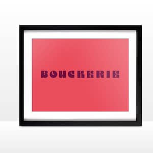 Boucherie, butcher, poster, script poster, pink poster, 1970s, France, French lettering, French lettering, vintage lettering