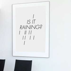 以下が含まれることがあります： 「雨が降っているの？」というテキストと、スタイリッシュな雨滴の画像が描かれた額装されたプリントです。