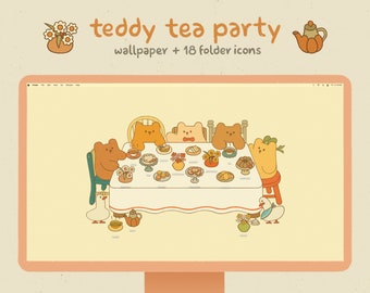 Cute Desktop Icons & Wallpaper Organizer: Teddy Tea Party | For Mac and Windows | Cute + Kawaii Folder Icons