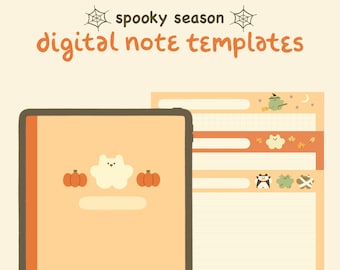 May include: Digital note templates with a spooky season theme. The templates feature a ghost, pumpkins, a witch, a cat, and a mummy. The templates are in a light orange color with white lines.