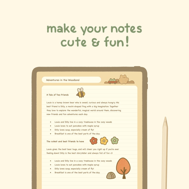 Cute Beige Digital Notebook Template: Woodland | Goodnotes, Samsung Notes | Cute Bear & Frog Stickers | Kawaii Planner, Journal, Diary image 2
