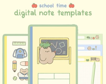 Cute Yellow Digital Notebook Template: School Time | Goodnotes, Samsung Notes | Cute Bear & Frog Stickers | Planner, Journal, Diary | Kawaii