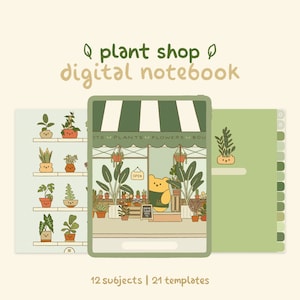 Cute Green Digital Notebook with Tabs: Plant Shop | Goodnotes + Notability | Digital Planner, Journal, Note Templates | Japanese Aesthetic