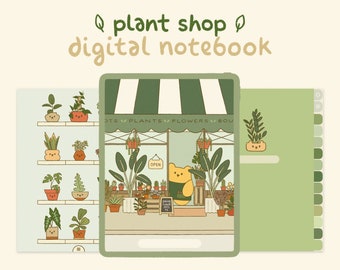 Cute Green Digital Notebook with Tabs: Plant Shop | Goodnotes, Samsung Notes | Digital Planner, Journal, Note Templates | Japanese Aesthetic