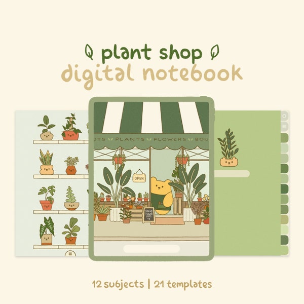 Cute Green Digital Notebook with Tabs: Plant Shop | Goodnotes, Samsung Notes | Digital Planner, Journal, Note Templates | Japanese Aesthetic