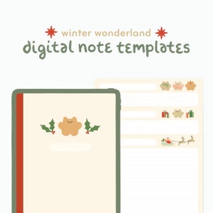 May include: Digital note templates with a winter wonderland theme. The templates feature a beige background with a red and green border. The templates include a variety of winter-themed illustrations, including a bear wearing a scarf, a bear with presents, and Santa Claus in a sleigh.