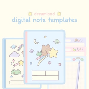Niedliche himmelblaue digitale Notizbuchvorlage: Dreamland | Goodnotes, Samsung Notes | Niedliche Bären- und Froschaufkleber | Kawaii Planer, Journal, Tagebuch
